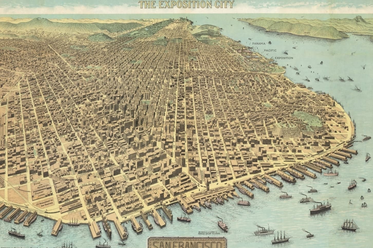View of San Francisco from above, image titled "The Exposition City."