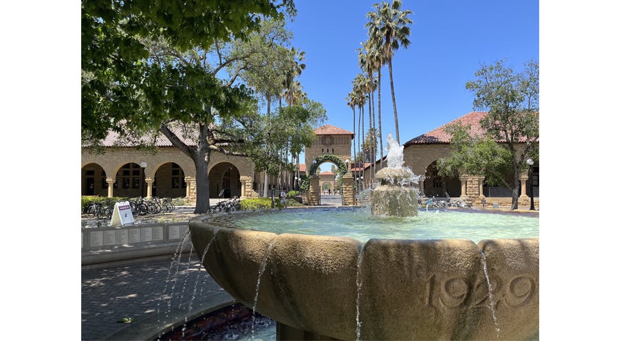 View of Centennial Fountain looking toward Stanford's Main Quad