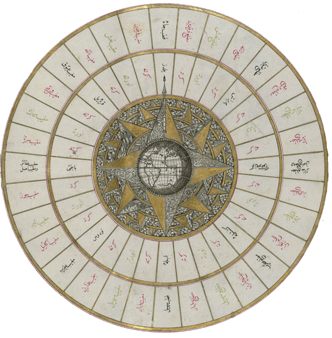Western hemisphere within a wind rose with the Atlantic Ocean in the center
