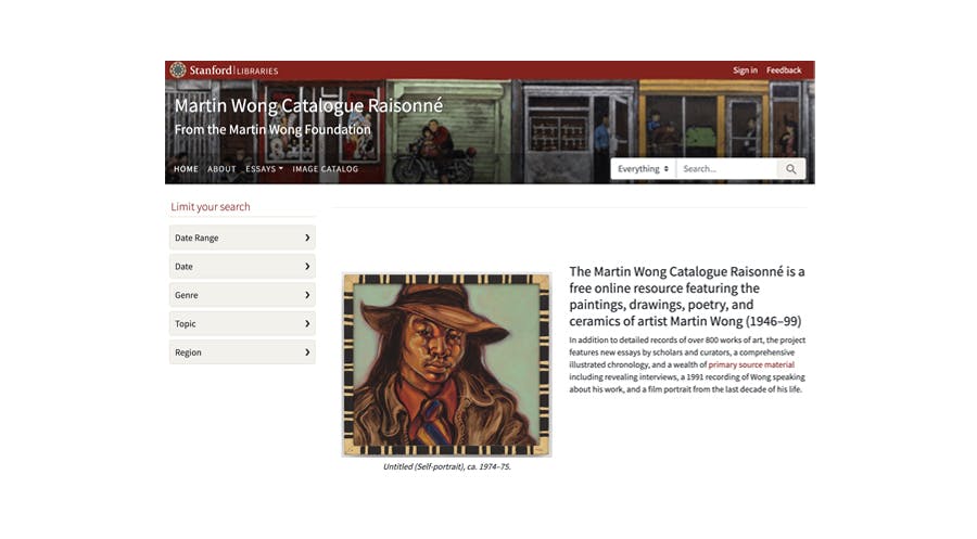 Screenshot of the Martin Wong Catalogue Raisonné Spotlight exhibit homepage, featuring a self-portrait of Martin Wong.