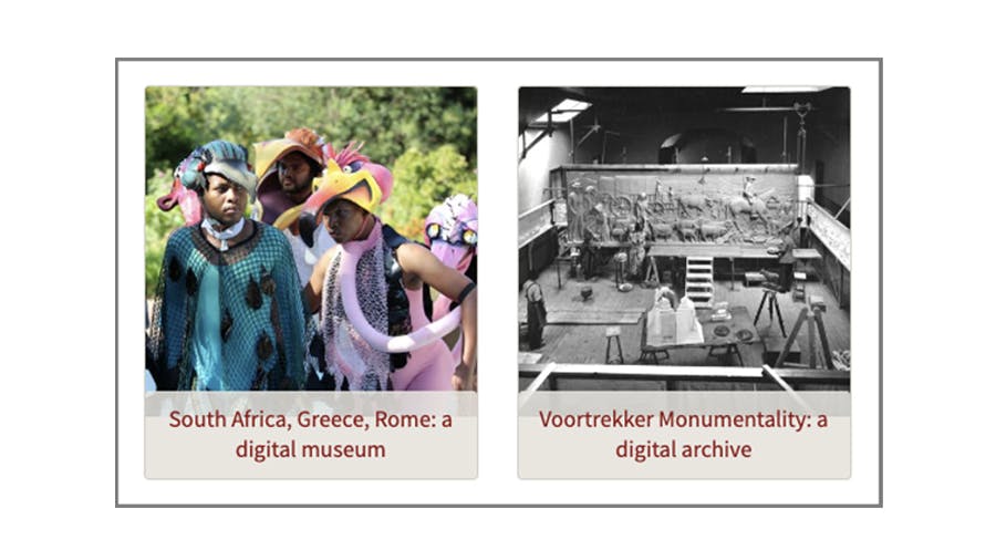 Side by side examples from the two exhibits: South Africa, Greece, Rome: a digital museum and Voortrekker Monumentality: a digital archive.