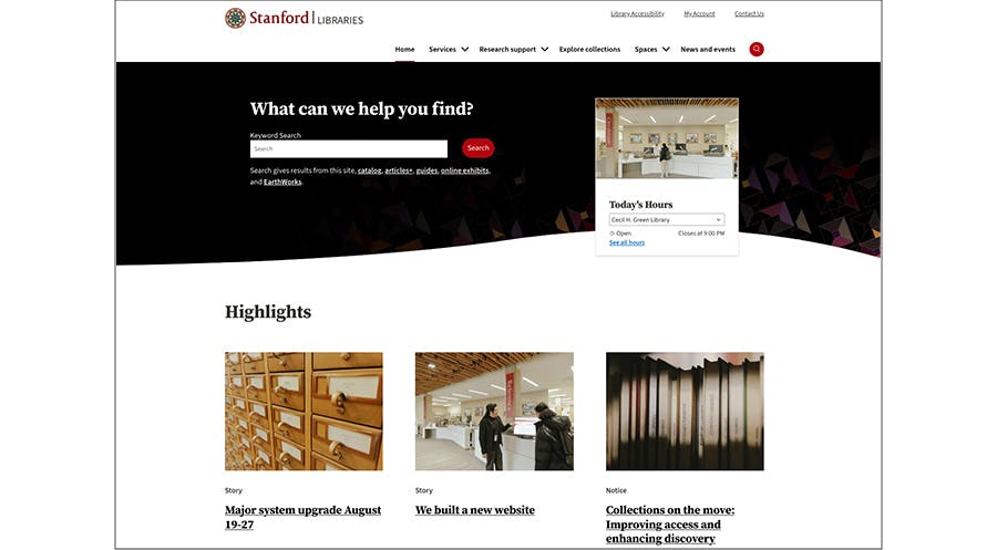 Screen shot of Stanford Libraries' website homepage