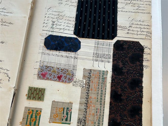 A page from the weaving manual showing drawings and textile samples.