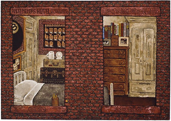 Martin Wong painting of a brick building with two open windows that reveal a bedroom