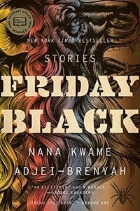 Book cover for Friday Black. The cover features an image of an lion with its mouth open and a spider under its jaw, drawn digitally.