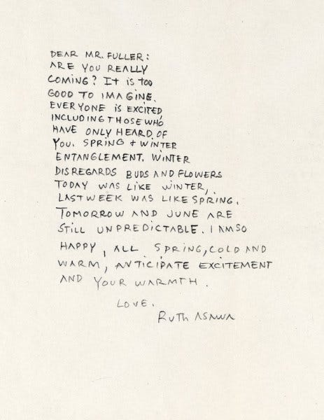 Handwritten note by Ruth Asawa