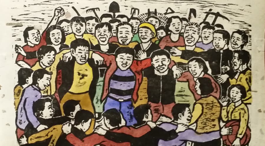 Woodcut print with watercolor showing a group of Korean farmers.