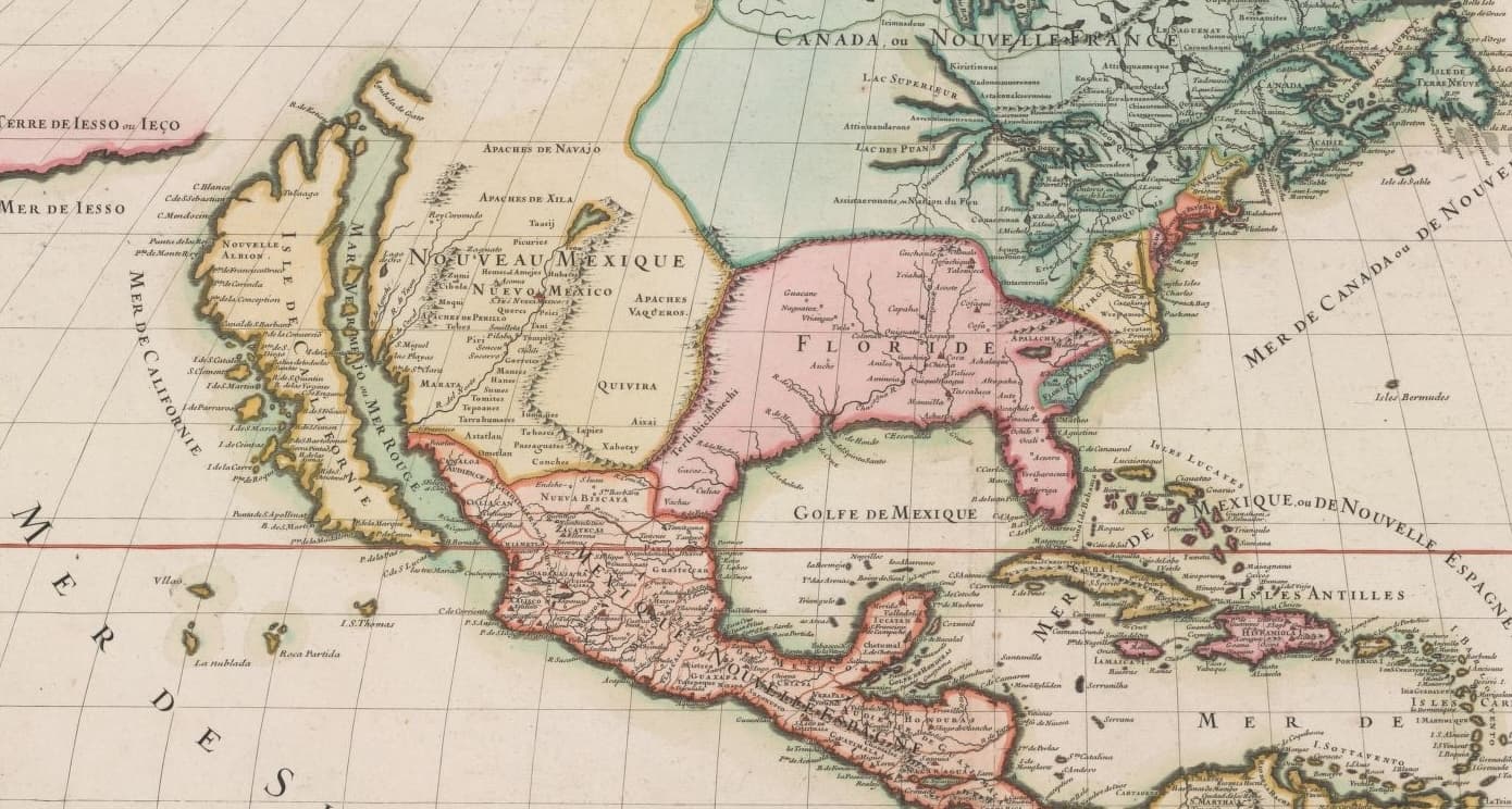 1695 map of North America, showing the western portion of the continent detached from the rest of the continent and labeled "Isle de Californie."