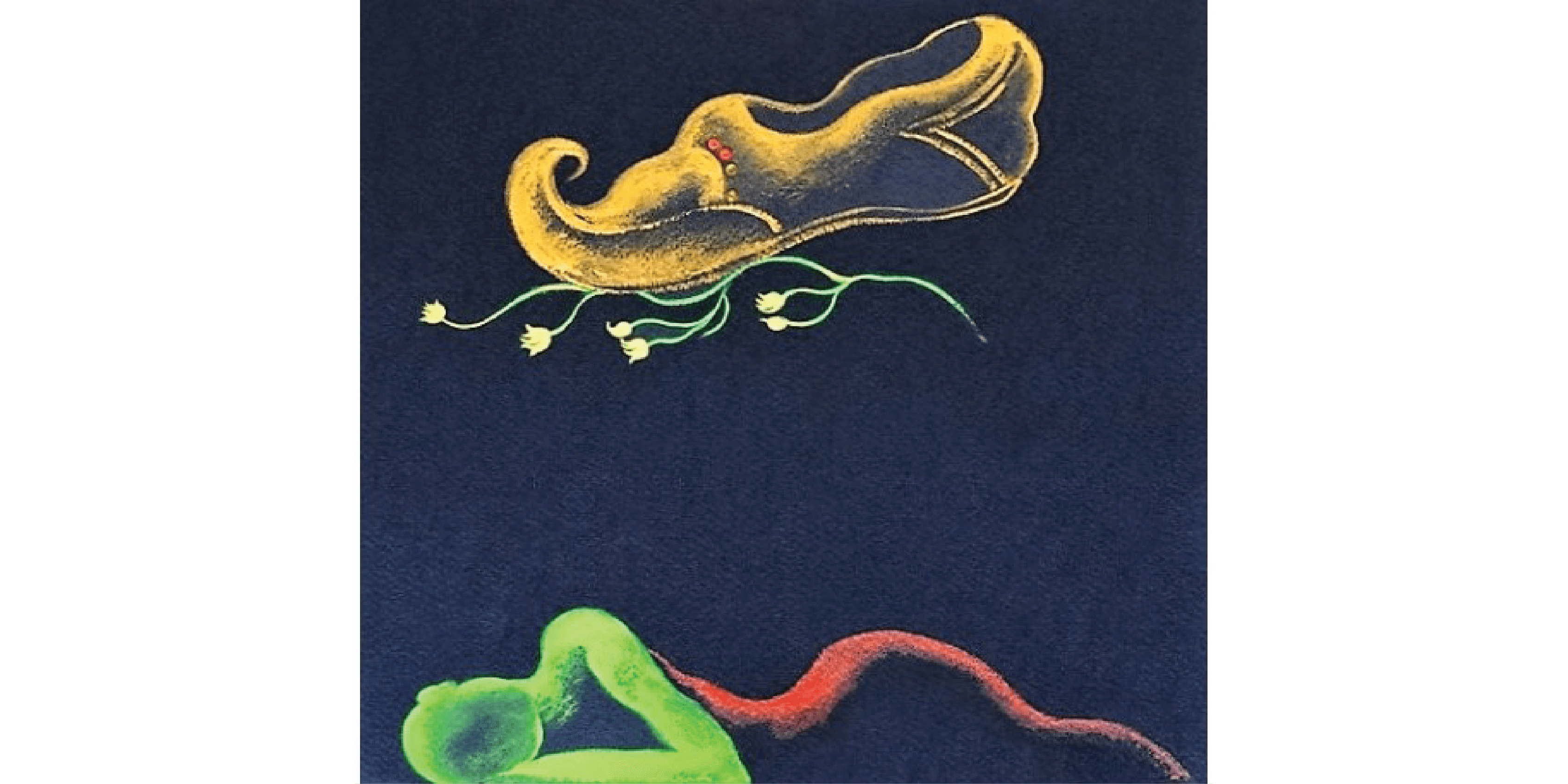 A painting of a figure lying on their side on the ground with a shoe stepping on a vine with flowers above it. 