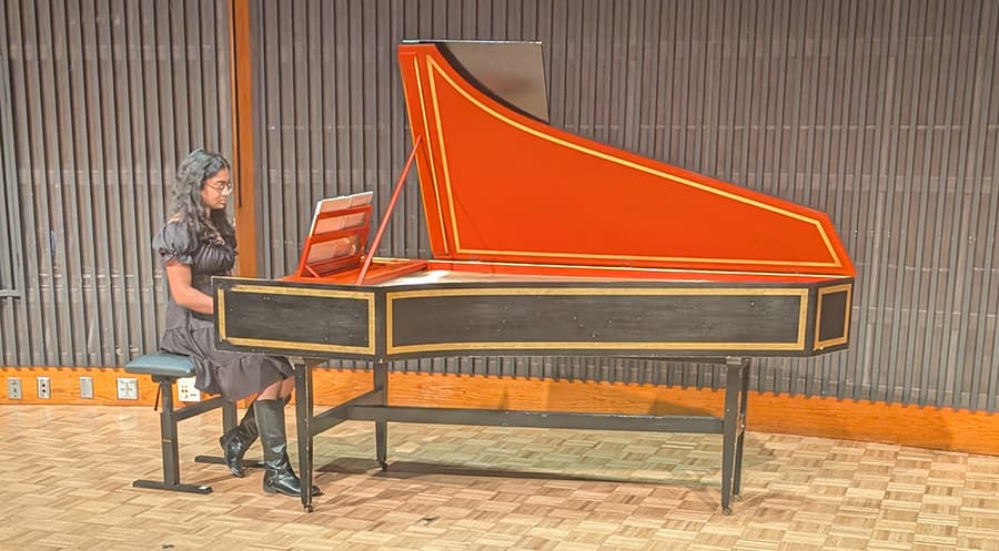 A woman playing the harpsichord.