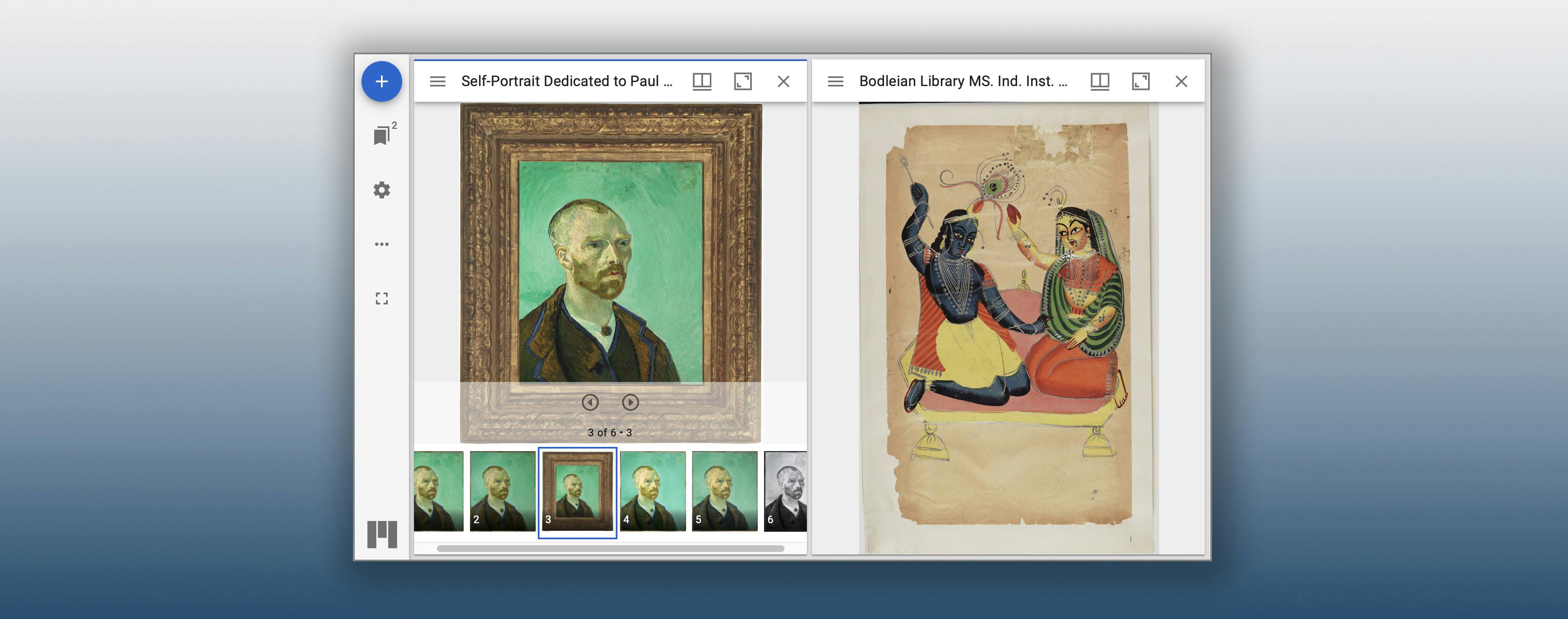 A screenshot of the IIIF-compatible Mirador viewer comparing two images side-by-side.