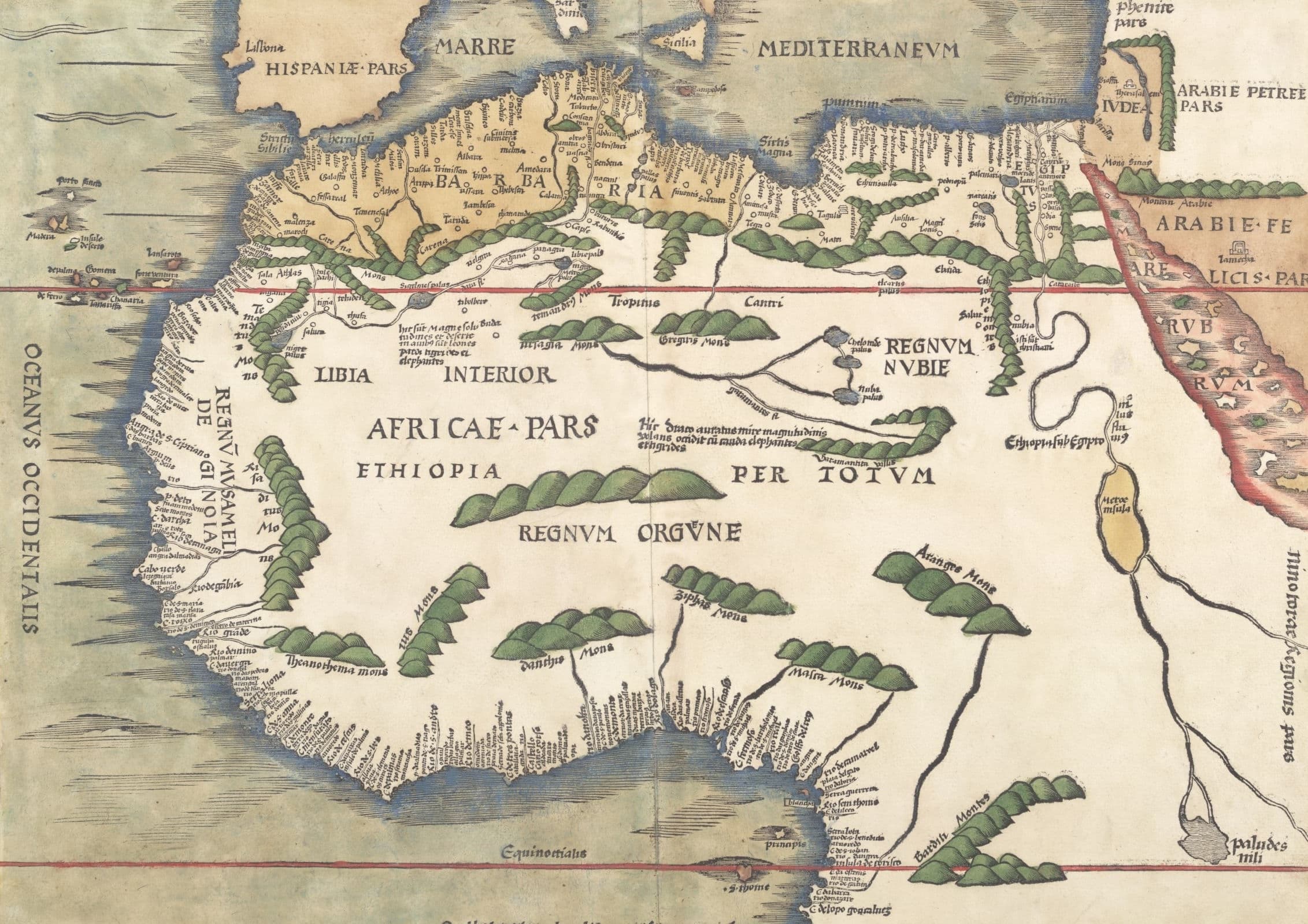 Map dated from 1513 titled "Tabvla Moderna Prime Partis Aphricae," depicting Northern and Western Africa.