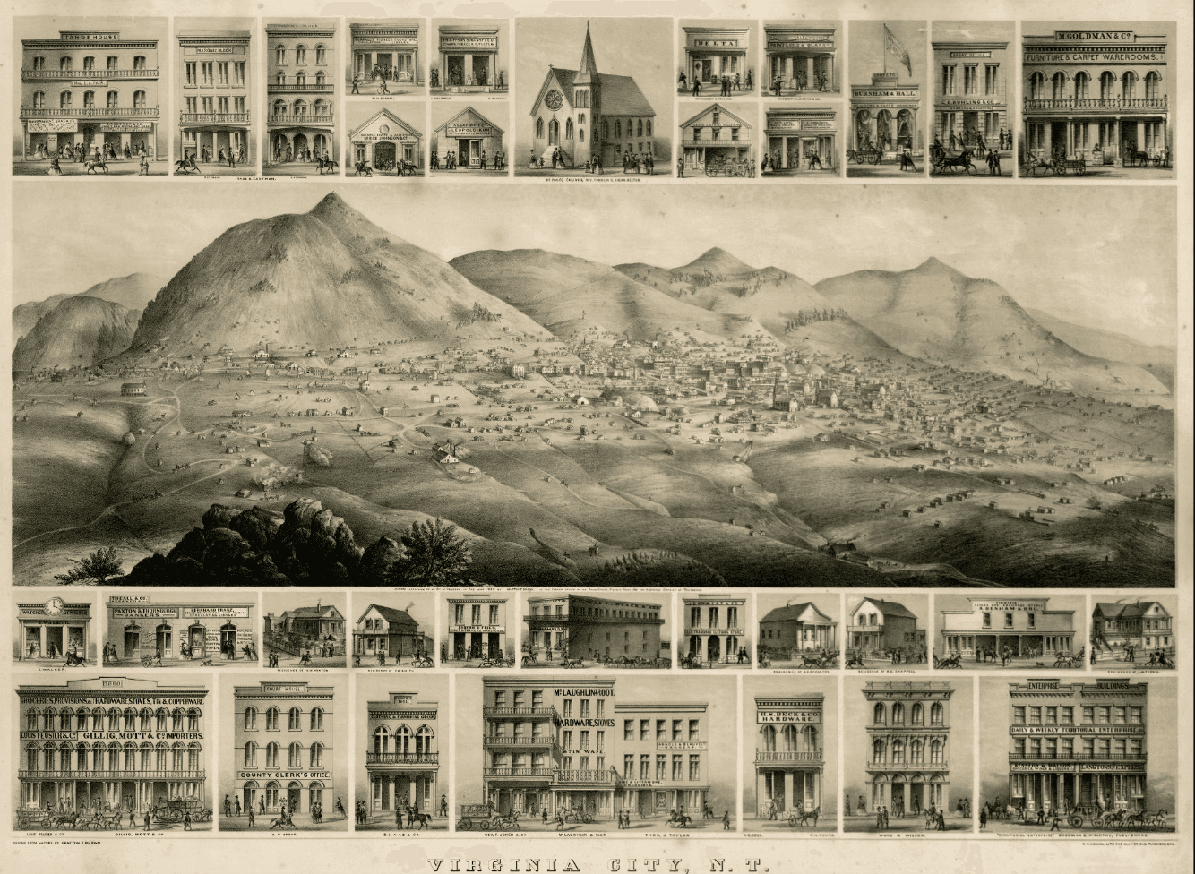 Sepia toned images of Virginia City, N.T. from 1864. Several images of various buildings in the town that border a larger image of a birds eye view image of the town.