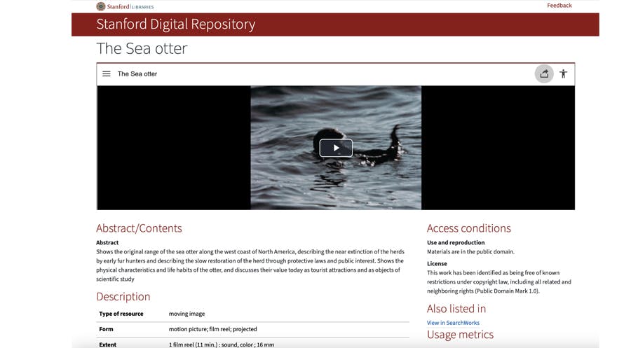 The media player demo video, home screen, titled Stanford Digital Repository, The Sea otter with an image of a sea otter in water.  