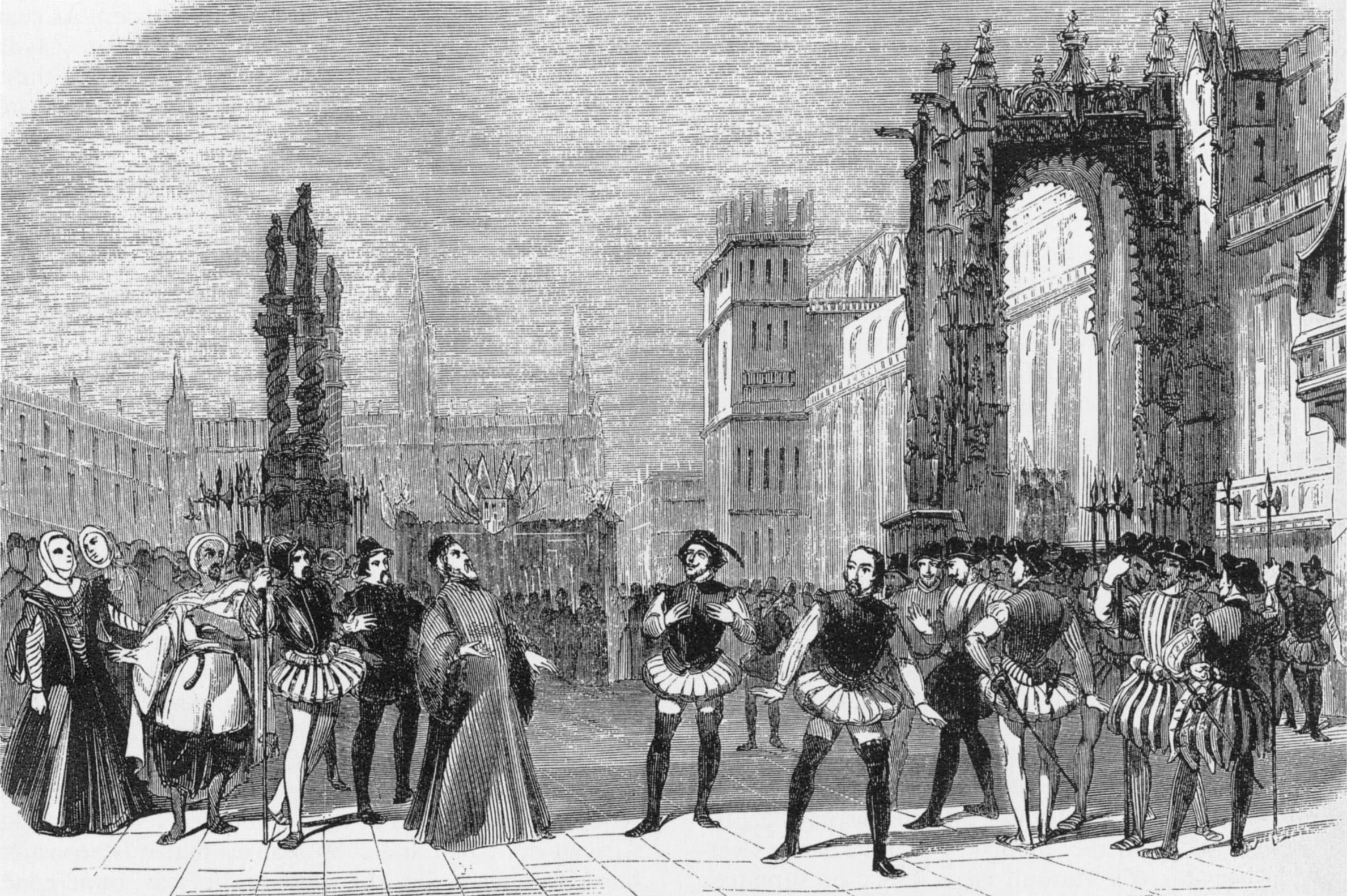 Medieval noblemen confront soldiers in a town square, as a crowd watches.