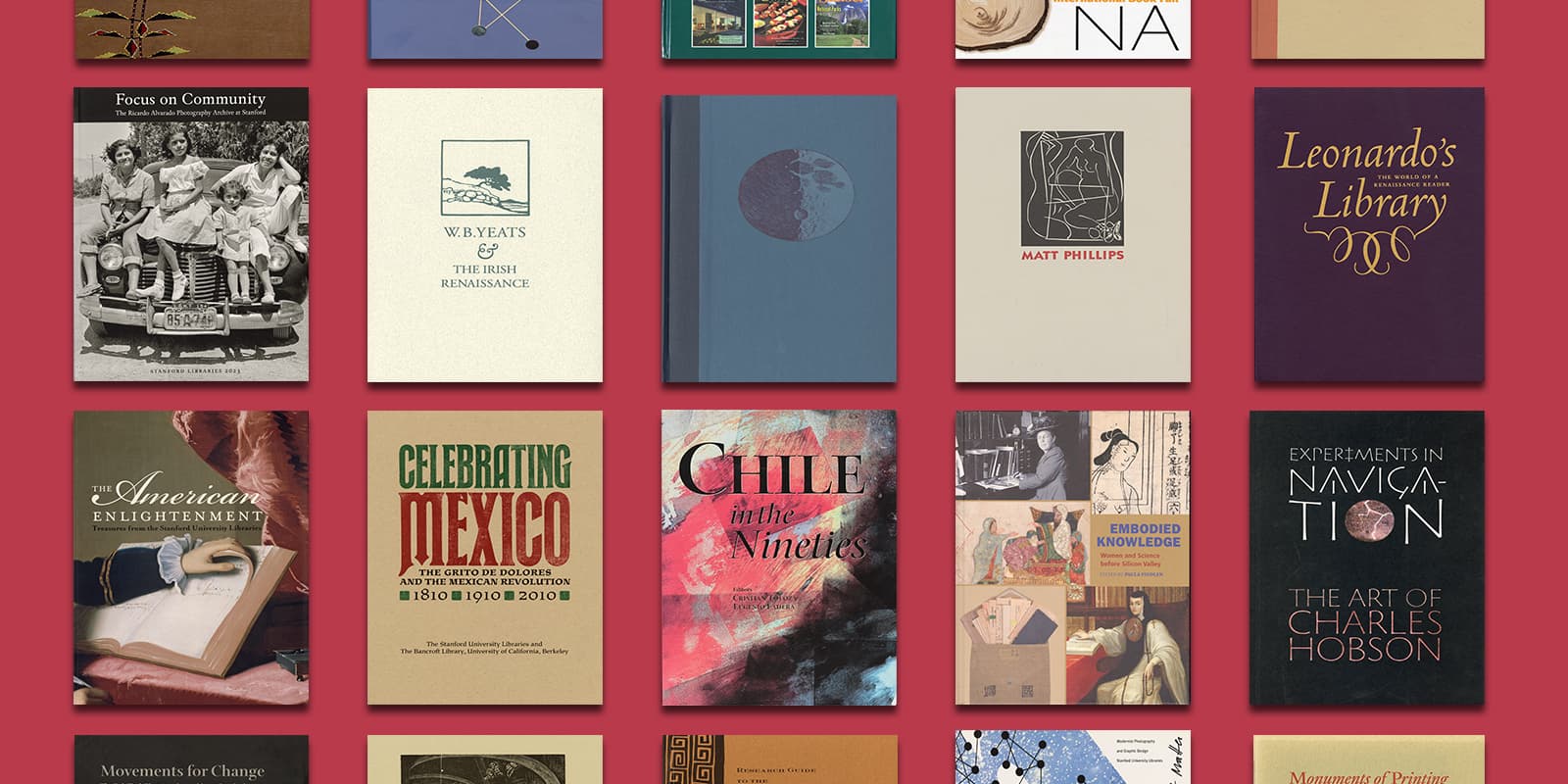 A grid of book covers against a red background.
