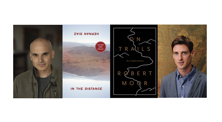 Headshot of author Hernan Diaz next to his book, In the Distance and headshot of author Robert Moor next to his book, On Trails.