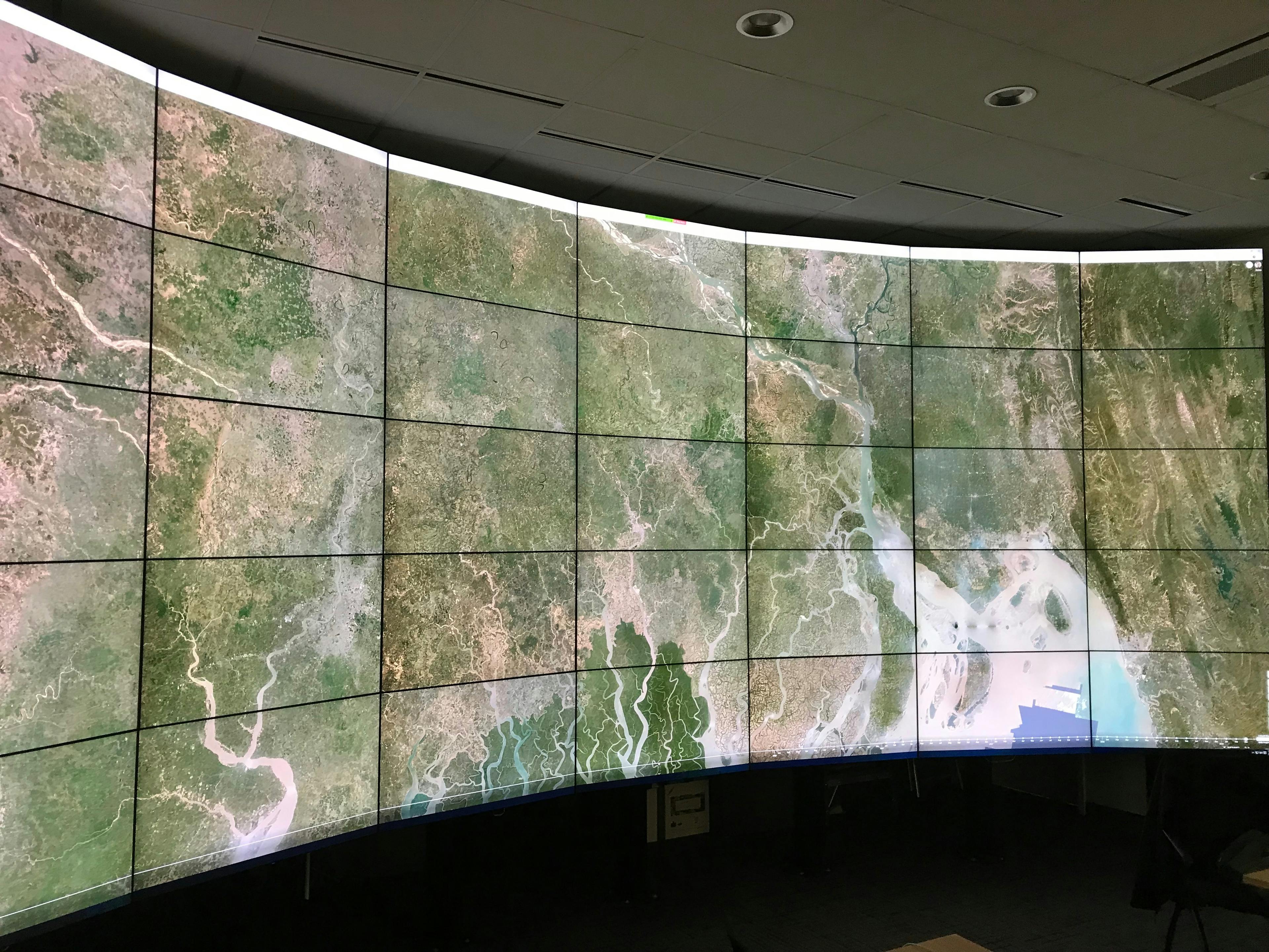 Planet's monthly mosaic, which shows several panels centered over Bangladesh, projected at full resolution at the Hive on the Stanford Campus.