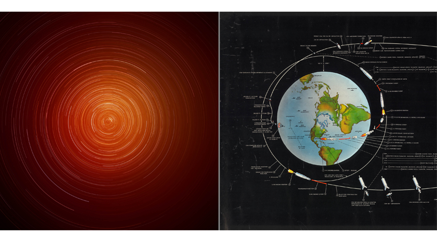 On the left is an image of several orange, concentric circles on a dark red background, while the image on the right is of a globe on a faded black background.
