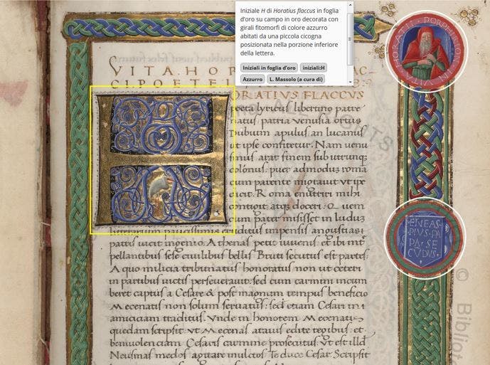 A page from the illustrated manuscript, Virgilius Romanus, showing features such the ability to zoom in on drawings and create annotations through the digital copy of the text.