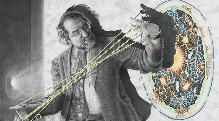 Pencil drawing of a man playing with a string game in his hands.