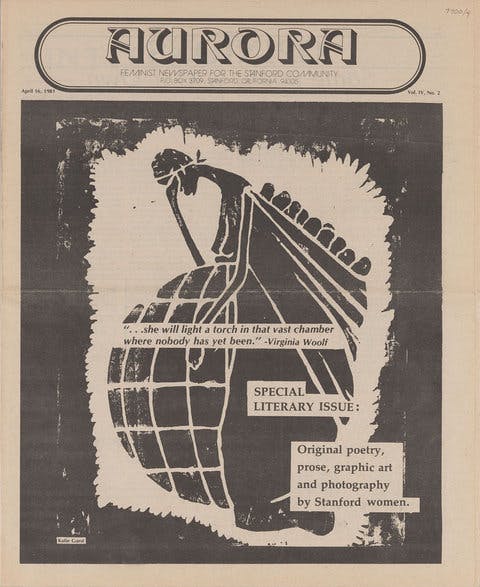Cover of the newspaper Aurora, described as a Feminist Newspaper for the Stanford Community.