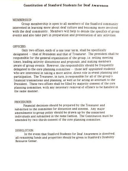 An archival-grade, low resolution of The Constitution of Stanford Students for Deaf Awareness document, detailing membership, officers, procedures, and dissolotion.
