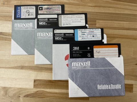 A selection of mini-floppy disks from the Jorge Ruffinelli papers (SC1557).