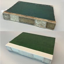 Before and after images of a book cover that had gone through the restoration process.