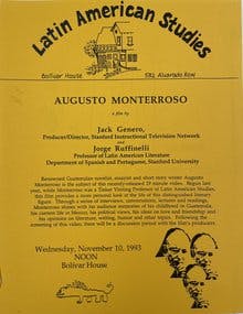 Flier for Augusto Monterroso film screening at Bolivar House, 1993.