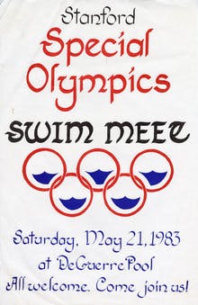 Stanford Special Olympics Swim Meet poster: “Saturday, May 21, 1983 at DeGuerre Pool. All welcome. Come join us!”