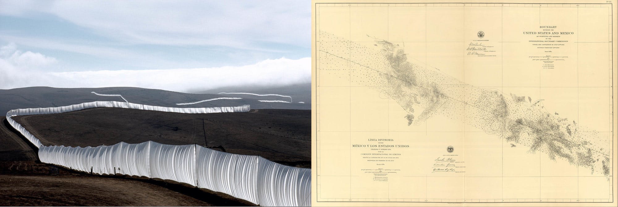 A photograph depicting the border between the United States and Mexico alongside a map that shows the border.