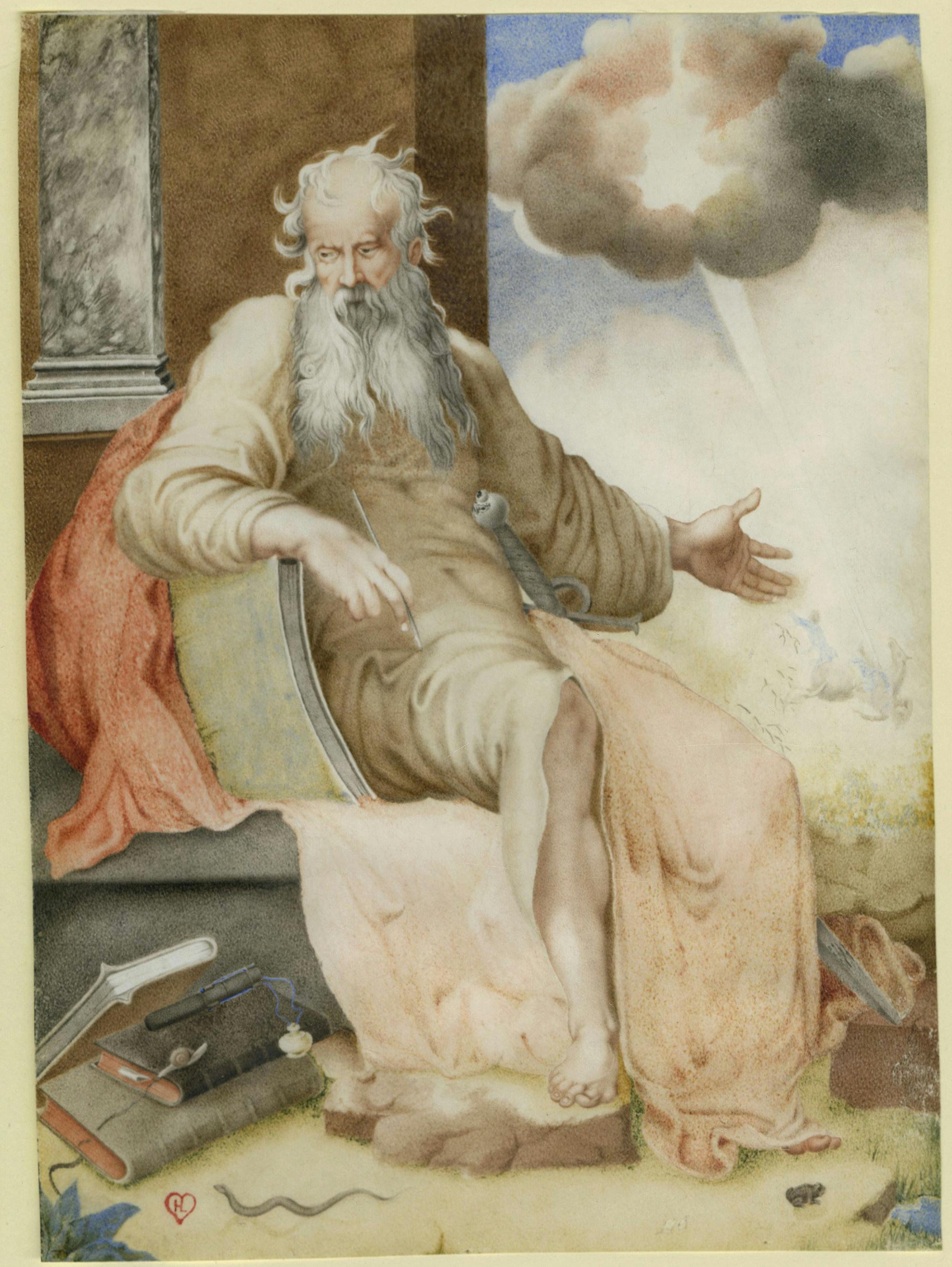 Painting of Saint Paul by Giulio Clovio, Rome, ca. 1550. Saint Paul is sitting on a stone bench looking down. There is a stack of books in the corner of the painting and a cloud in the sky behind him.