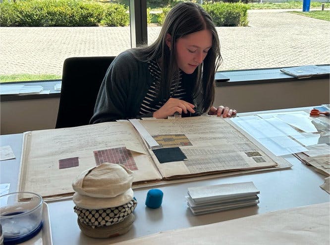 Abigail Mead, Conservation summer intern working on the weaving manual, Cours de Theorie.
