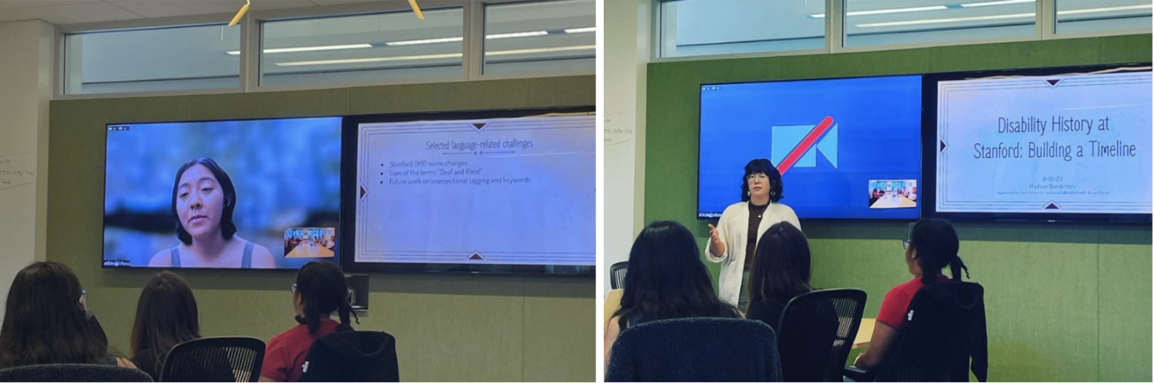 Two photos side by side. The left photo shows Amari Pierce speaking virtually via a large screen to an audience while the right photo shows Madison Bunderson standing in front of the same audience speaking in person.