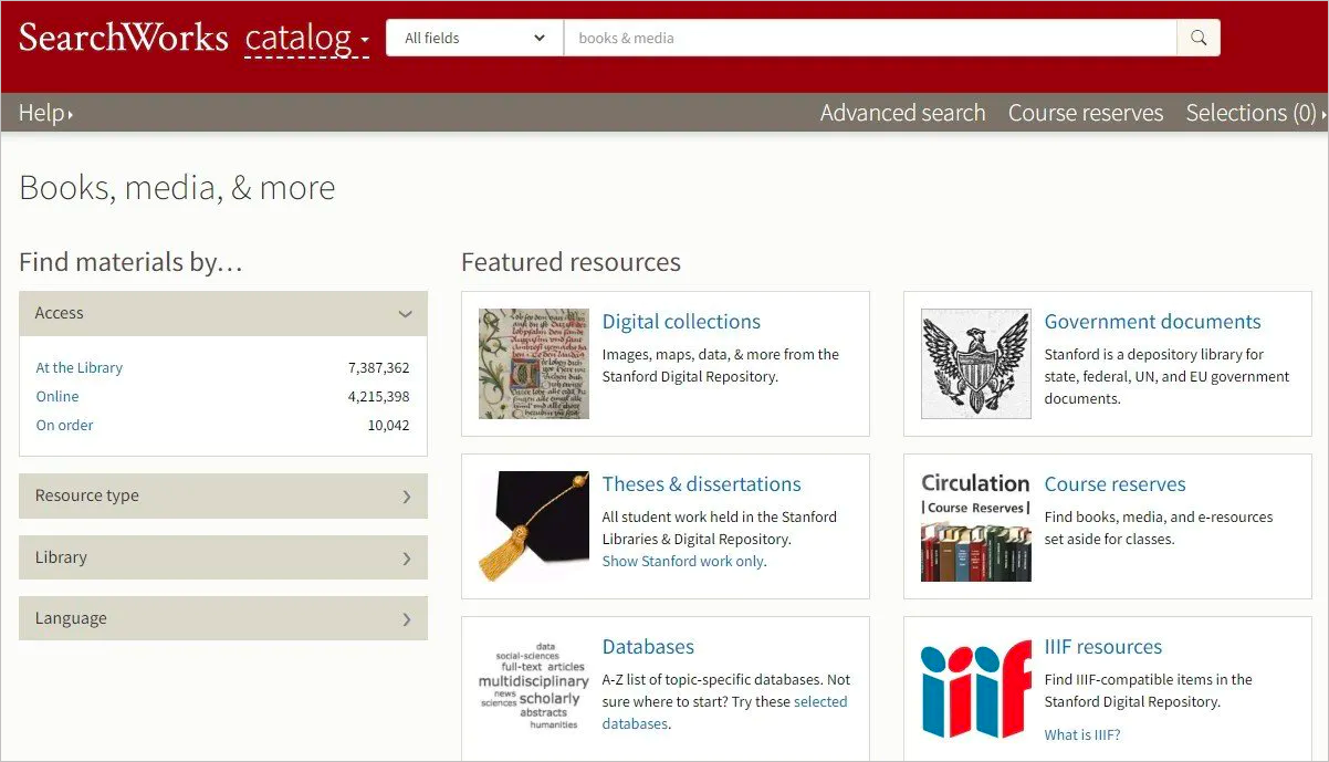 Screenshot of SearchWorks, the library catalog