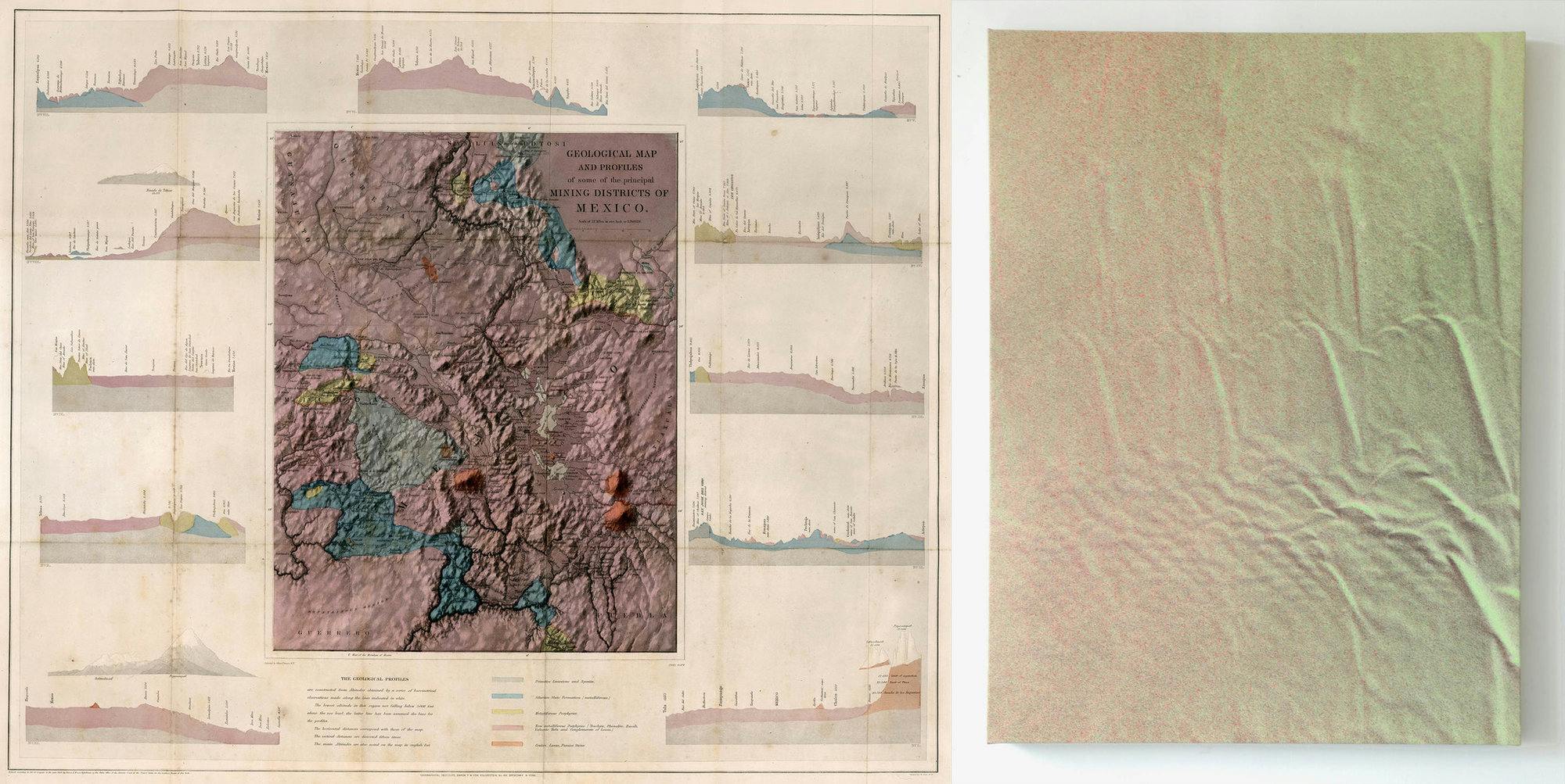 A geological map of the mining districts of Mexico next to a Tauba Auerbach artwork, acrylic on canvas.