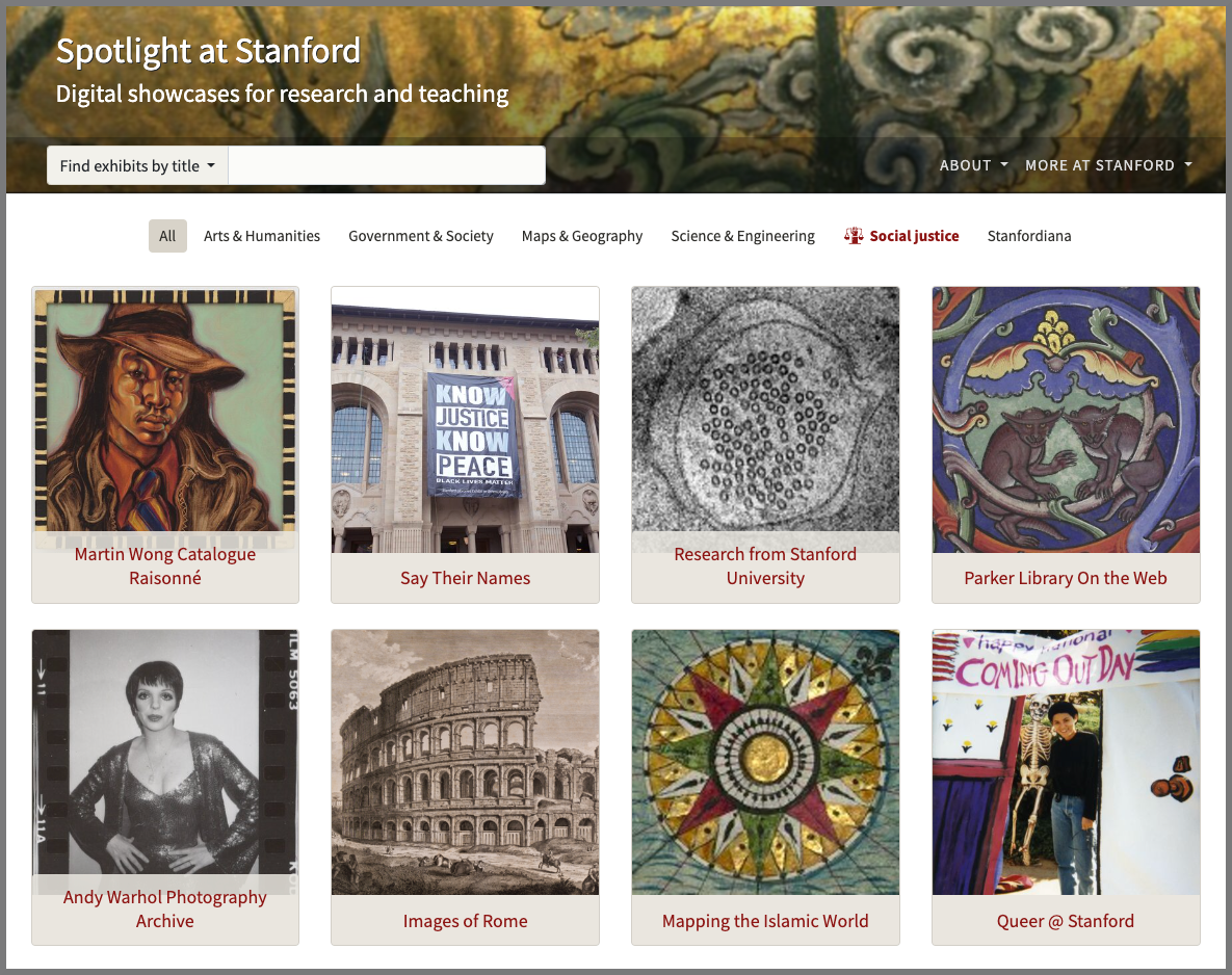 Spotlight homepage showing sample social justice digital exhibits.