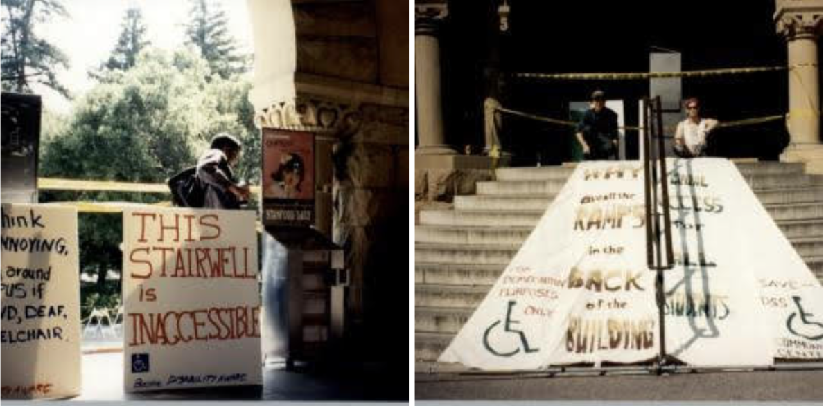 Side by side photos. The first shows a student walking behind a sign in the main quad that states, "This stairwell is inaccessible." The second photo on the right shows a large banner on the stairs of History Corner that states, “Why are all the ramps in the back of the building?” and “Equal access for all students.”