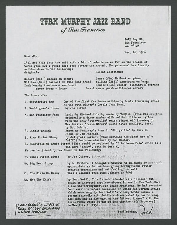 An archived typed letter on Turk Murphy Jazz Band letterhead. It is addressed "Dear Jim," and signed "Best wishes, Turk."